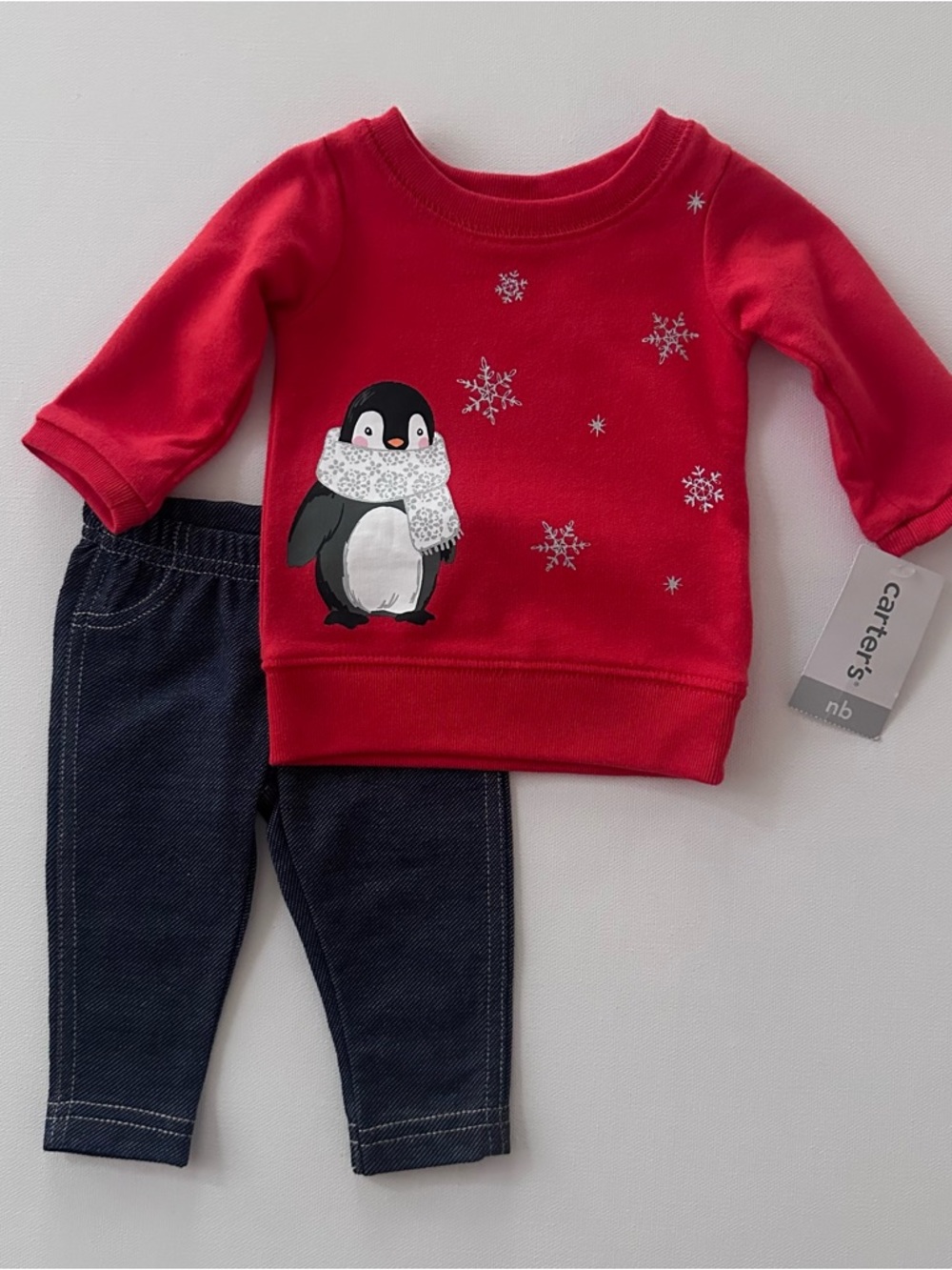 Carter's Newborn Baby Girl Red Penguin Sweatshirt & Pants Set Holiday Christmas